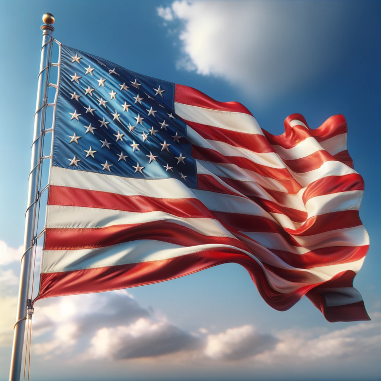 DALL·E 2023 11 17 16.10.38 A photorealistic image of the United States flag. The flag should be displayed prominently featuring its iconic design with 13 alternating red and wh
